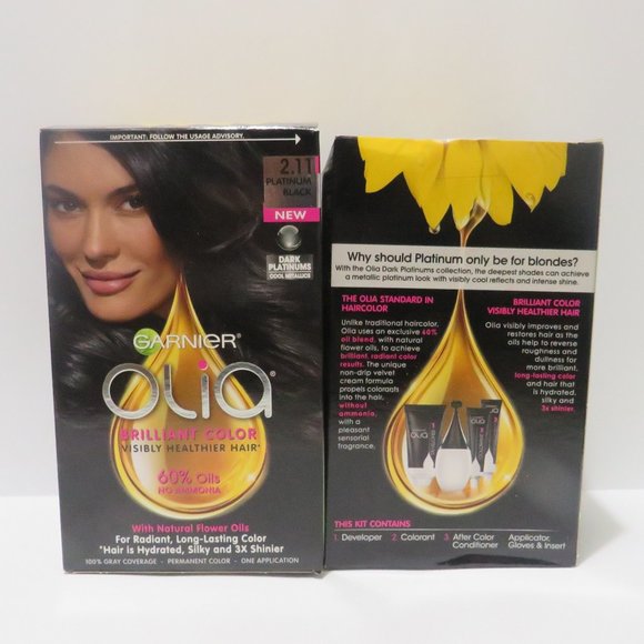 GARNIER OLIA BRILLIANT COLOR VISIBLY HEALTHIER HAIR 2.11 PLATINUM BLACK 2 PC LOT